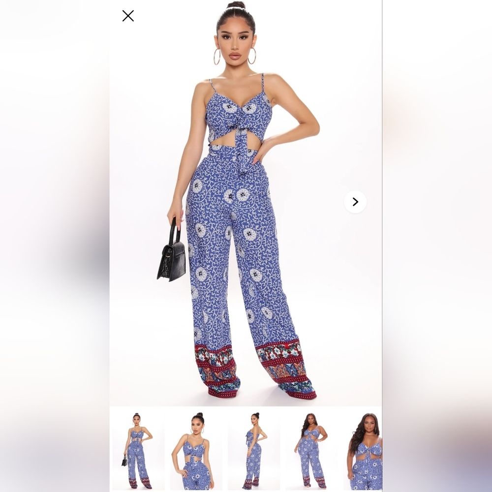 Fashion Nova Blue and Red Patterned Jumpsuit
